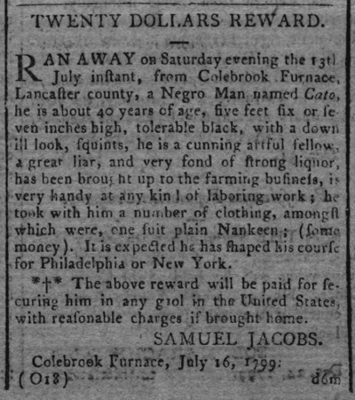 Advertisement placed by Samuel Jacobs for runaway slave Cato.